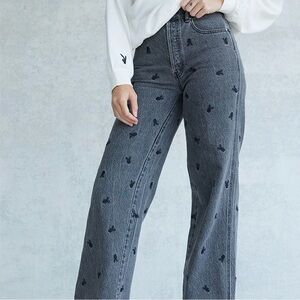 PLAYBOY by Pacsun Black Wide Leg Flare Jeans Embroidered‎ Logo Size 24
